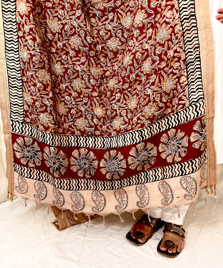 Red hand block printed uppada silk kalamkari dupatta