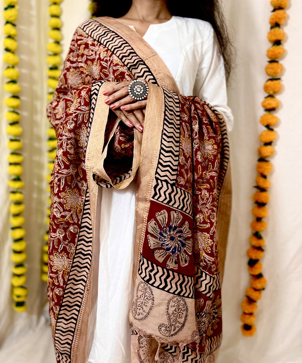 Red hand block printed uppada silk kalamkari dupatta