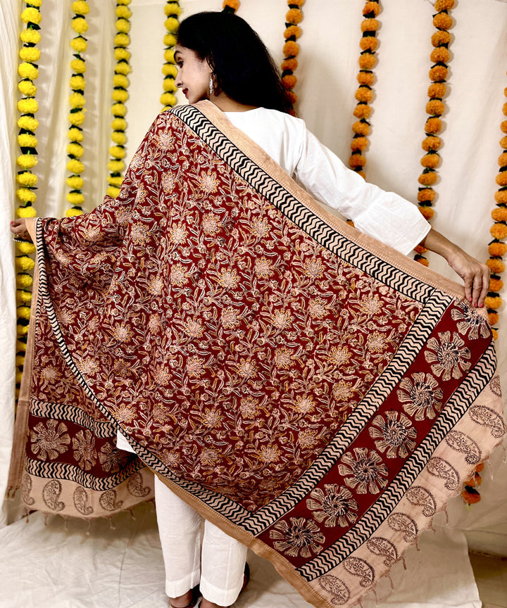 Red hand block printed uppada silk kalamkari dupatta