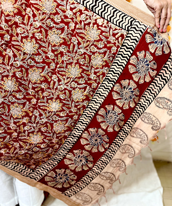 Red hand block printed uppada silk kalamkari dupatta