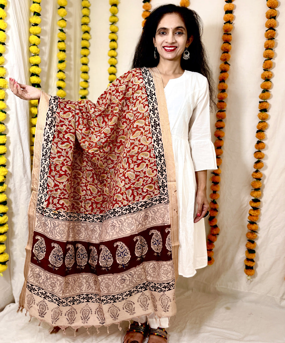Red uppada silk kalamkari hand block printed dupatta