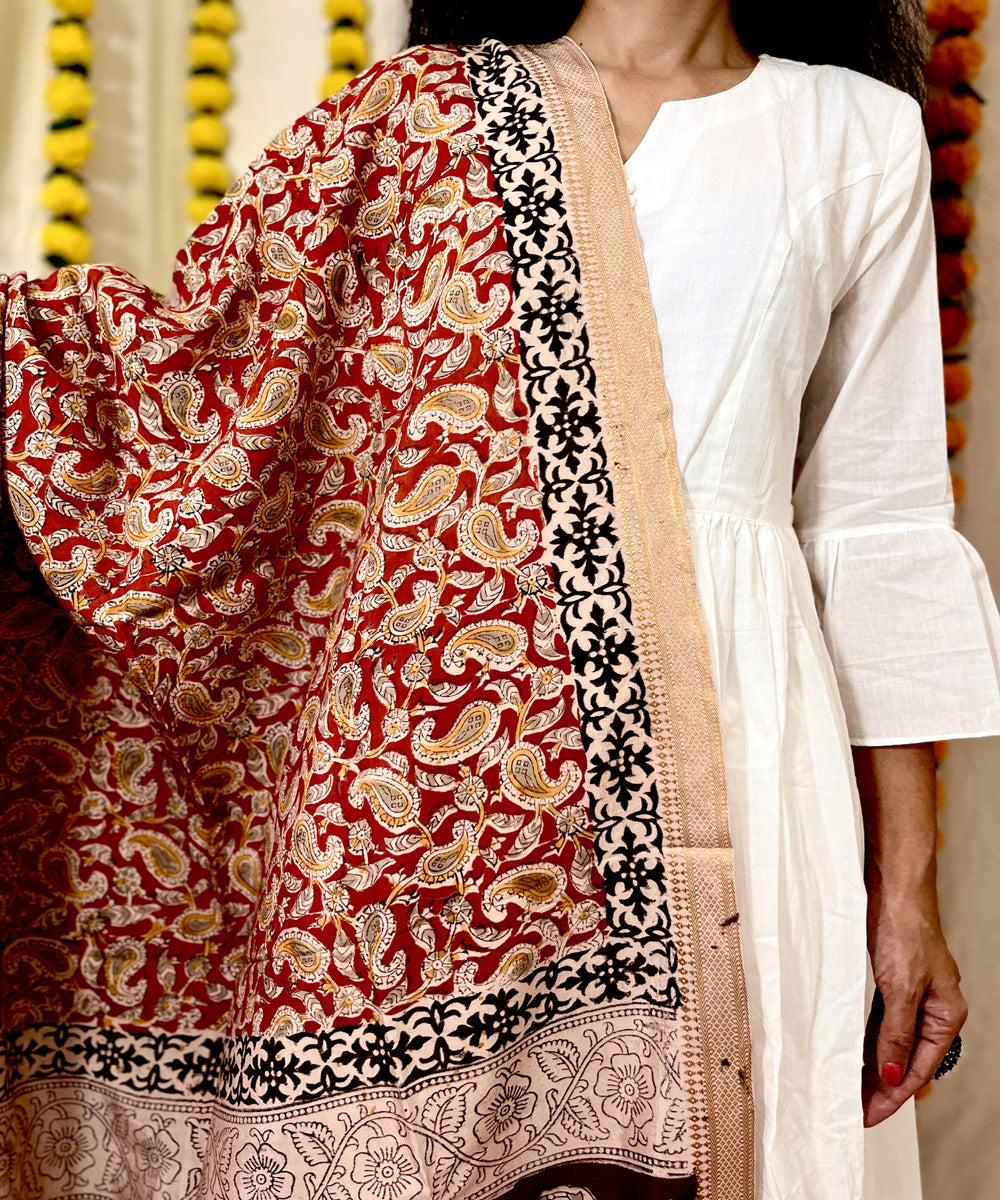 Red uppada silk kalamkari hand block printed dupatta