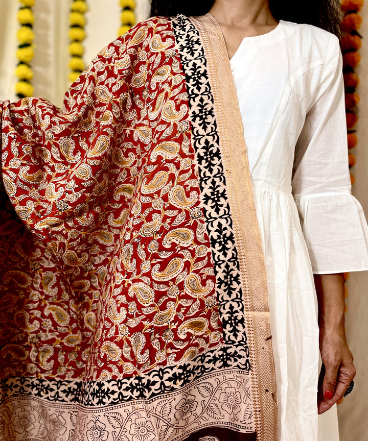 Red uppada silk kalamkari hand block printed dupatta
