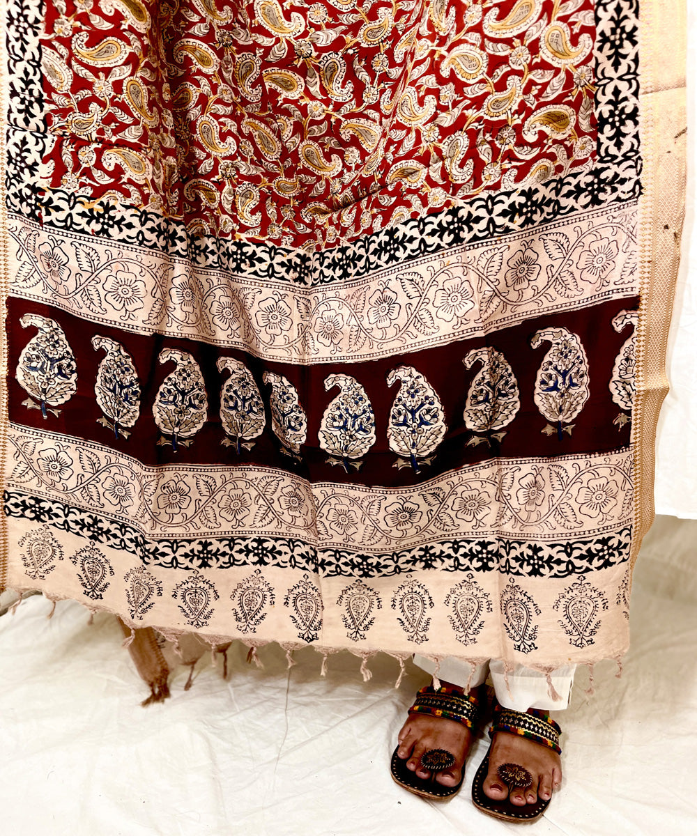 Red uppada silk kalamkari hand block printed dupatta