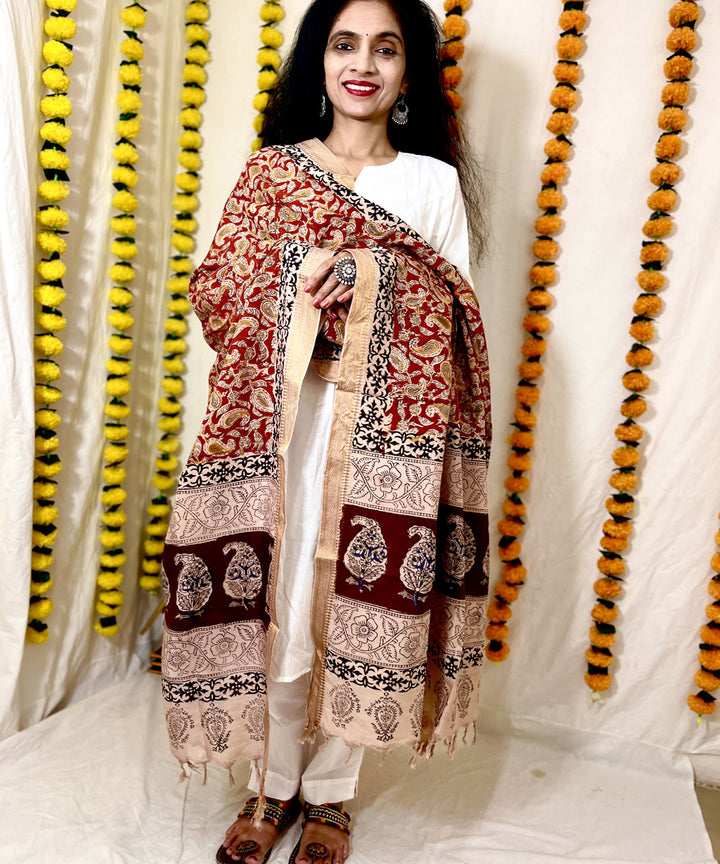Red uppada silk kalamkari hand block printed dupatta