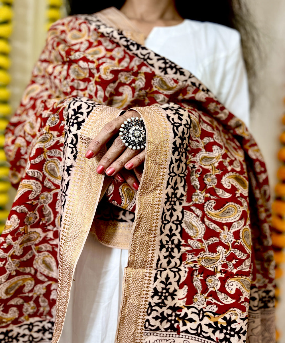 Red uppada silk kalamkari hand block printed dupatta