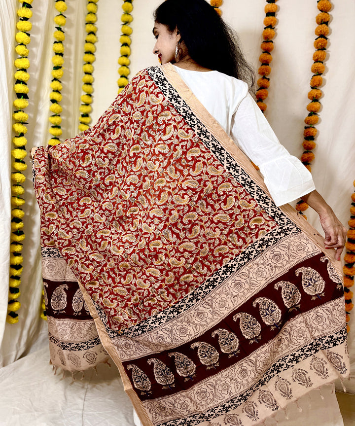 Red uppada silk kalamkari hand block printed dupatta