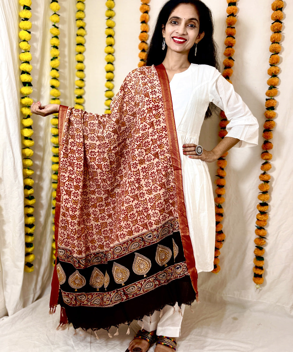 Red kalamkari hand block printed uppada silk dupatta