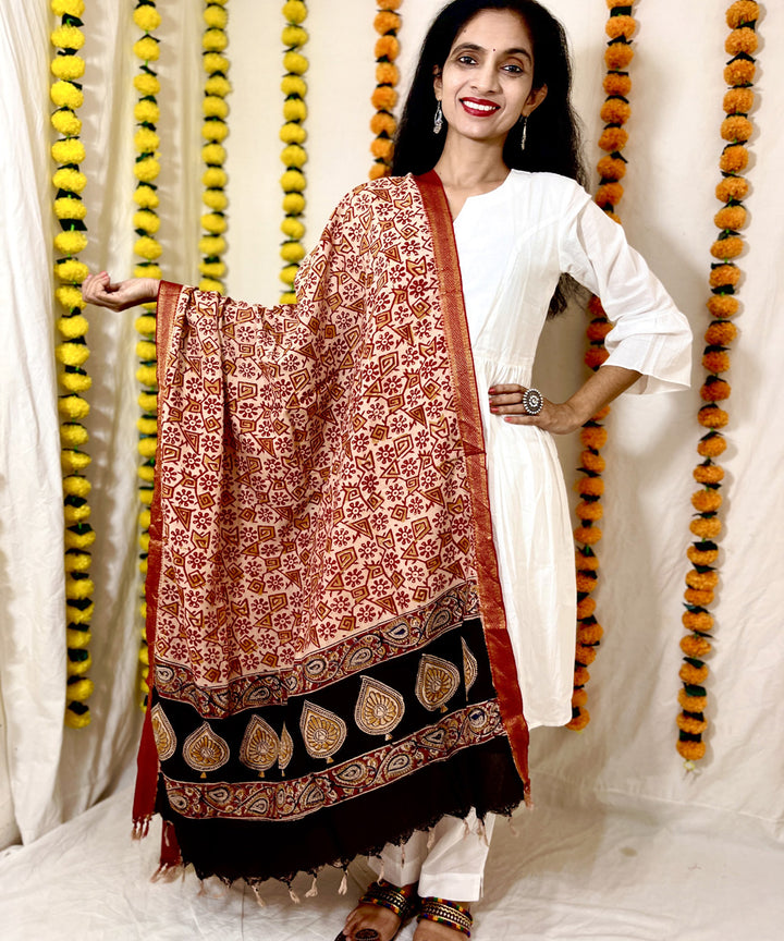 Red kalamkari hand block printed uppada silk dupatta