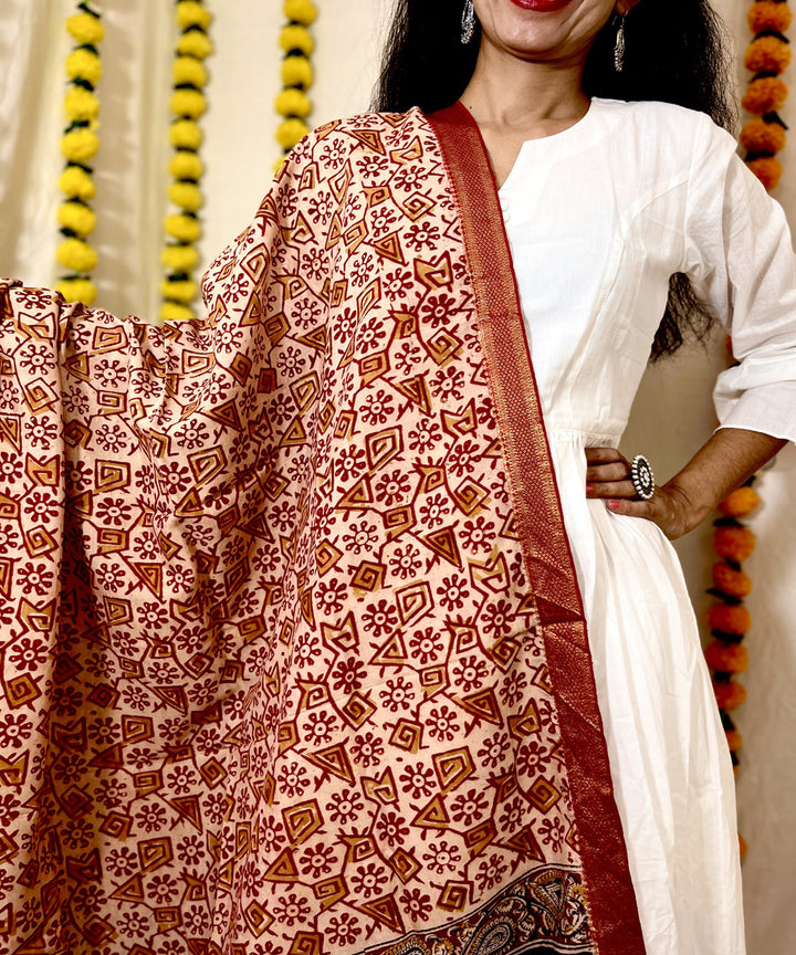 Red kalamkari hand block printed uppada silk dupatta