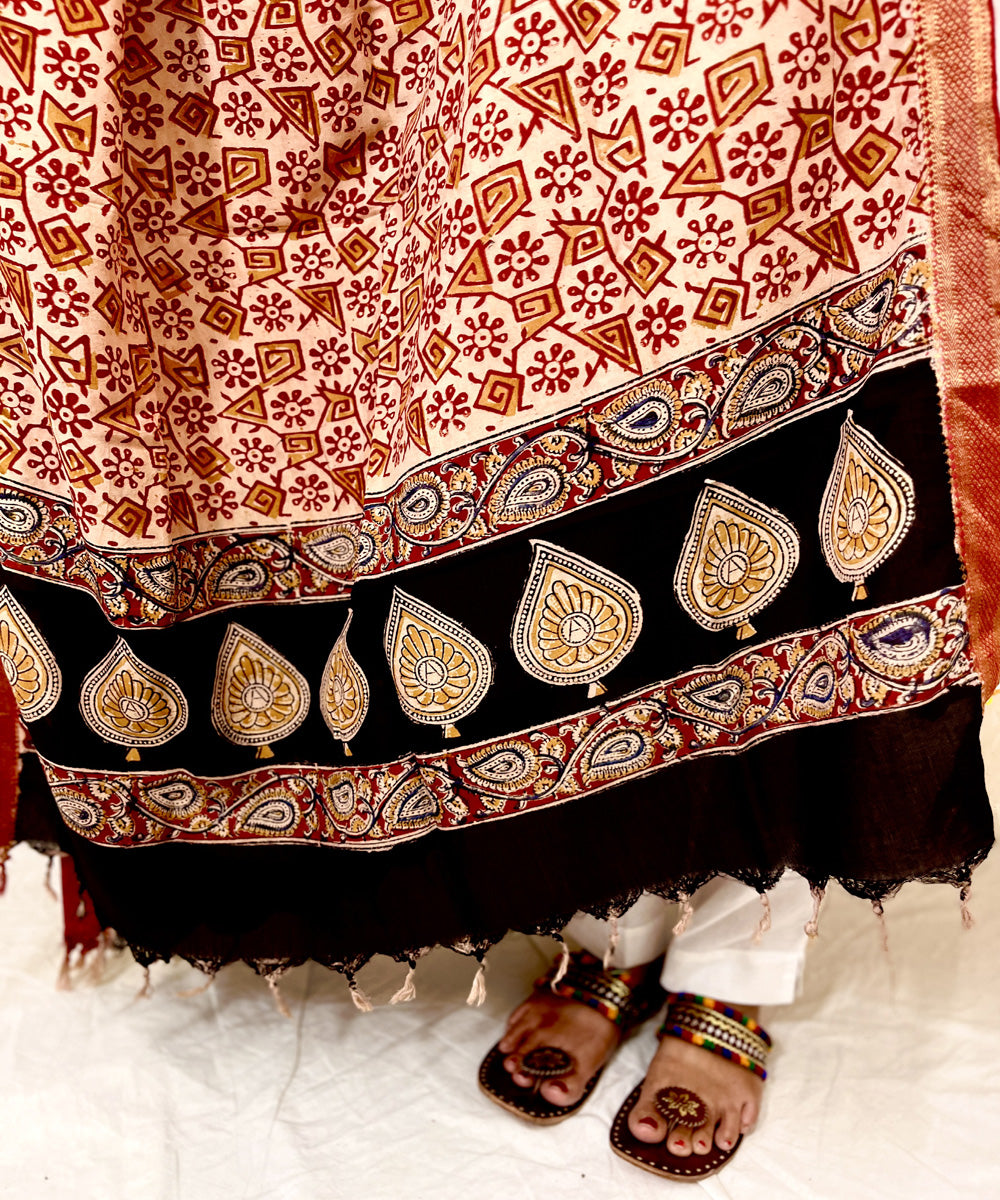Red kalamkari hand block printed uppada silk dupatta