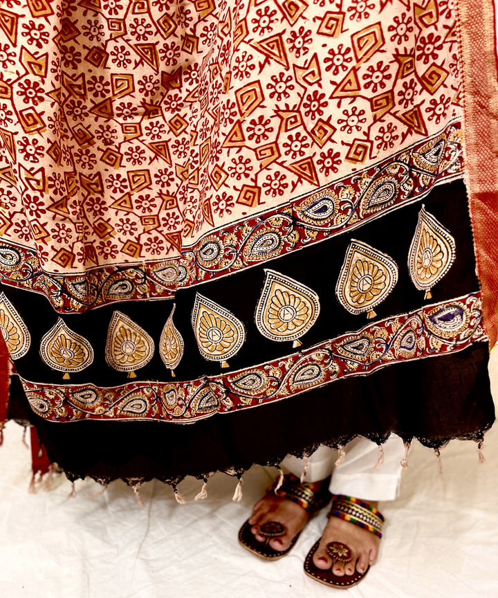 Red kalamkari hand block printed uppada silk dupatta