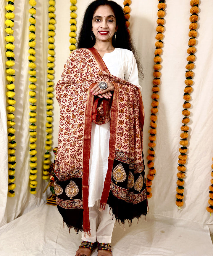 Red kalamkari hand block printed uppada silk dupatta