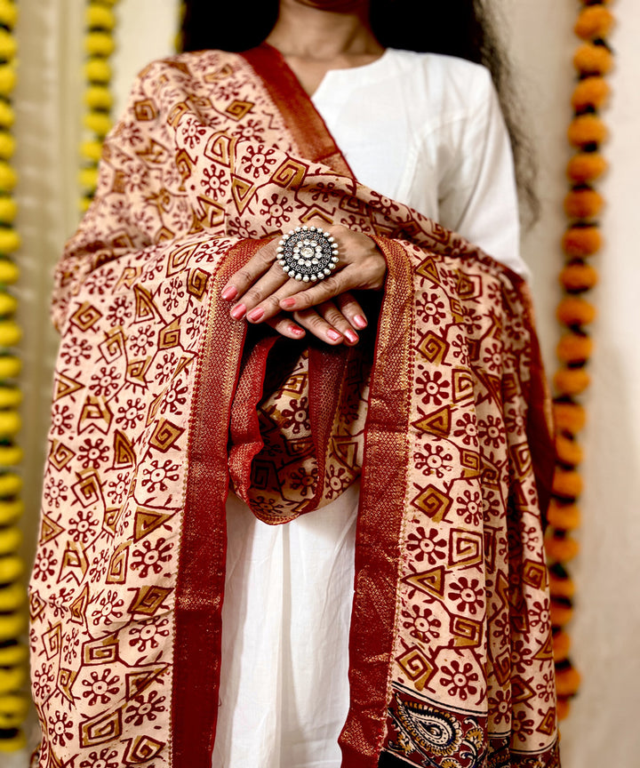 Red kalamkari hand block printed uppada silk dupatta