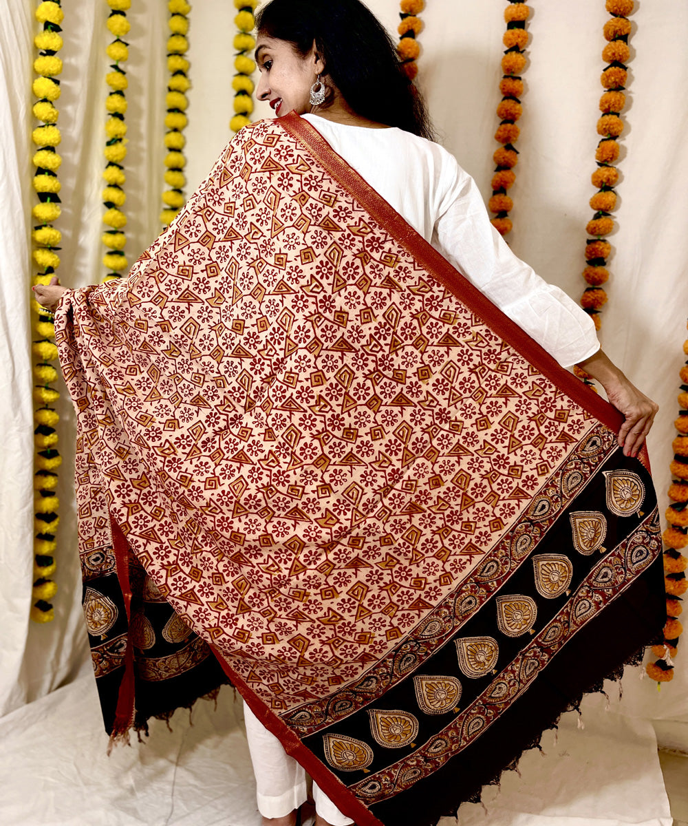 Red kalamkari hand block printed uppada silk dupatta