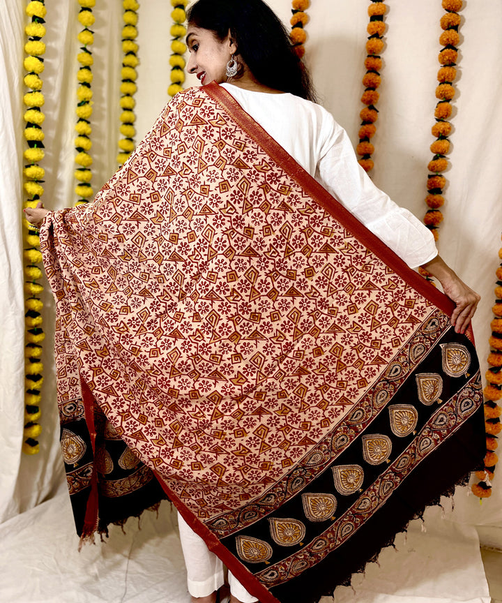 Red kalamkari hand block printed uppada silk dupatta