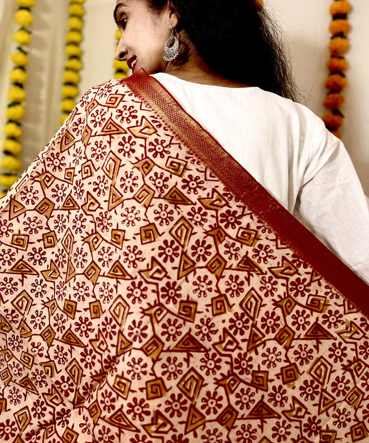 Red kalamkari hand block printed uppada silk dupatta