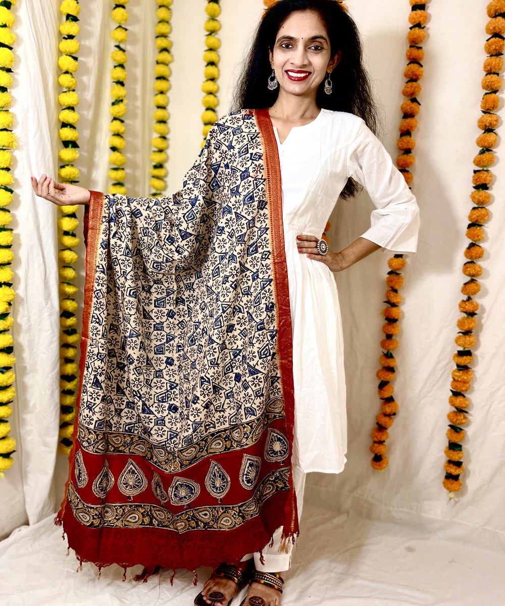Blue kalamkari hand block printed uppada silk dupatta