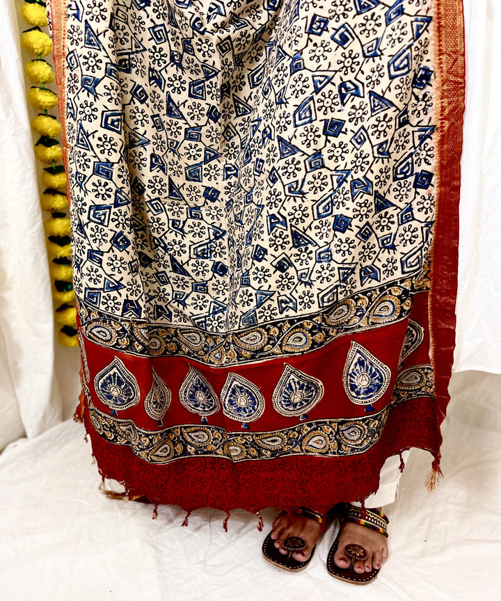 Blue kalamkari hand block printed uppada silk dupatta