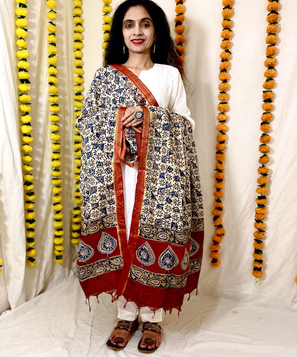 Blue kalamkari hand block printed uppada silk dupatta