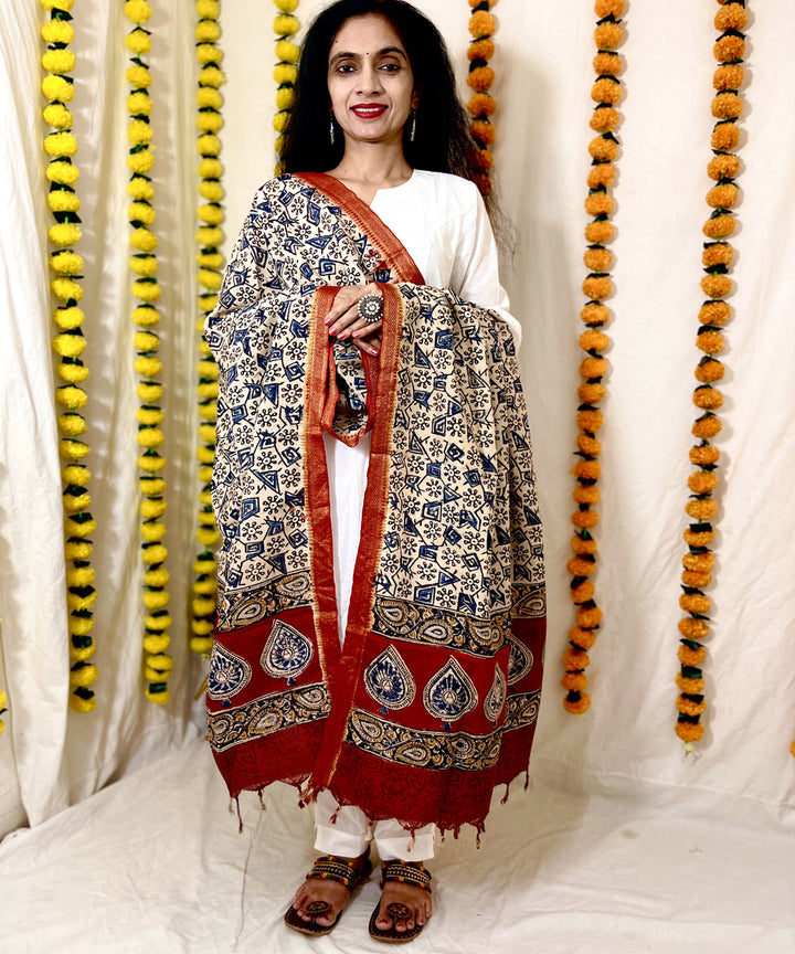 Blue kalamkari hand block printed uppada silk dupatta