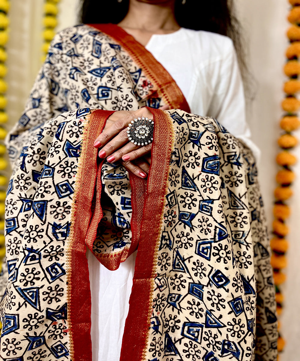 Blue kalamkari hand block printed uppada silk dupatta