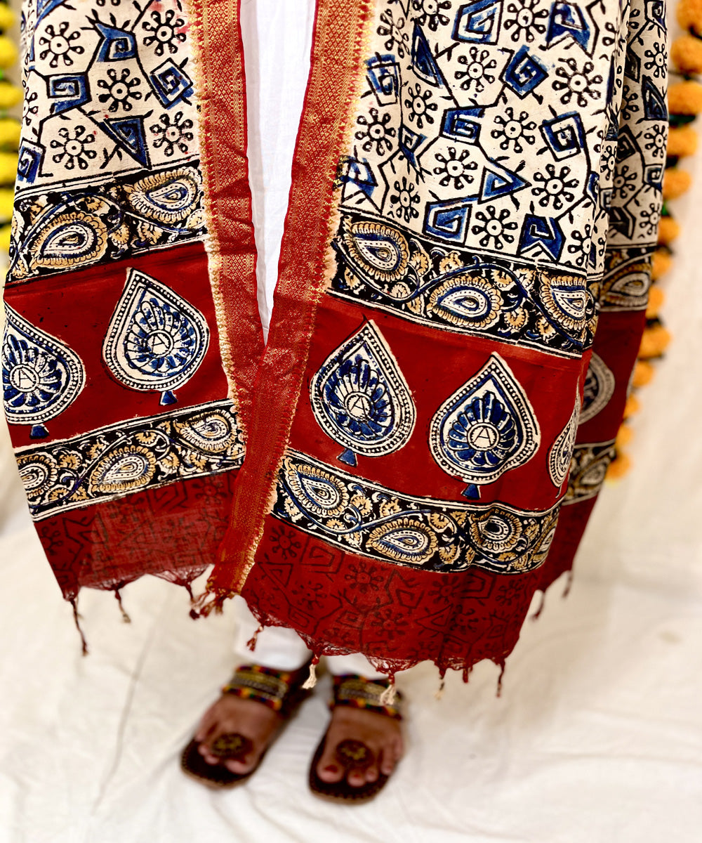 Blue kalamkari hand block printed uppada silk dupatta