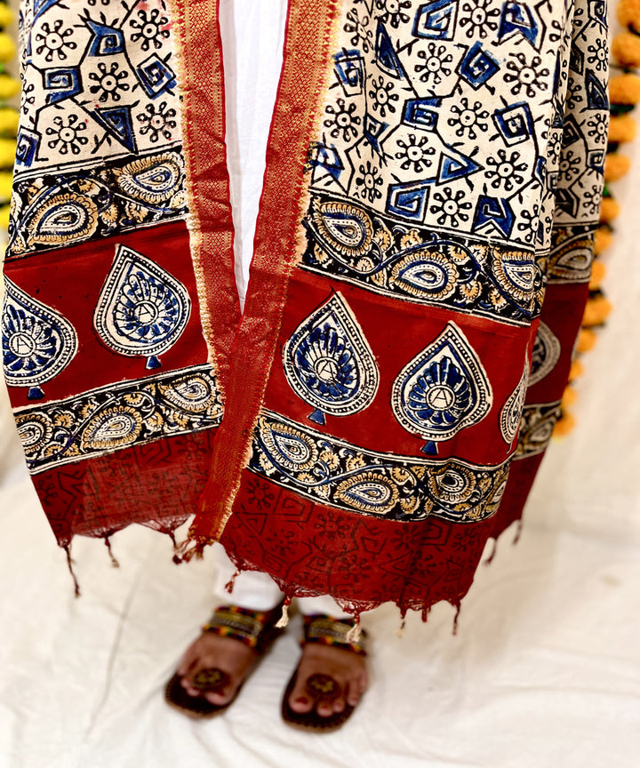 Blue kalamkari hand block printed uppada silk dupatta