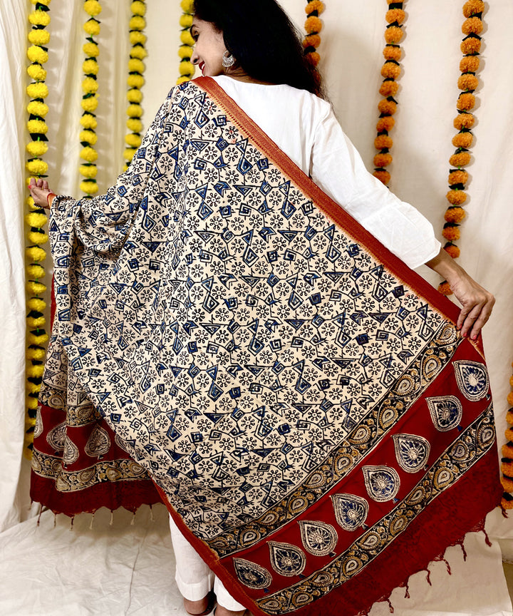 Blue kalamkari hand block printed uppada silk dupatta