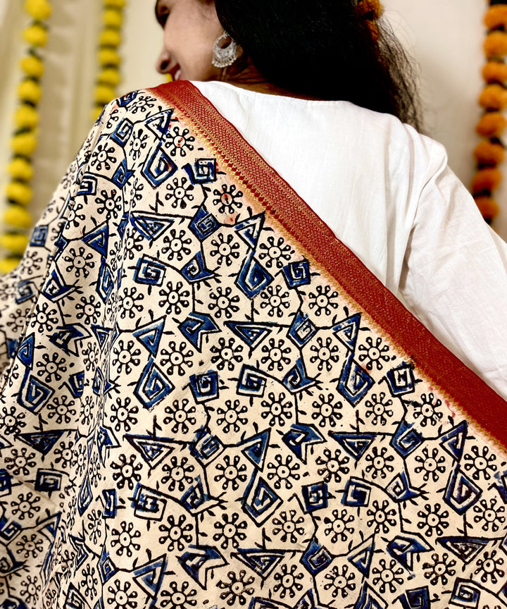 Blue kalamkari hand block printed uppada silk dupatta