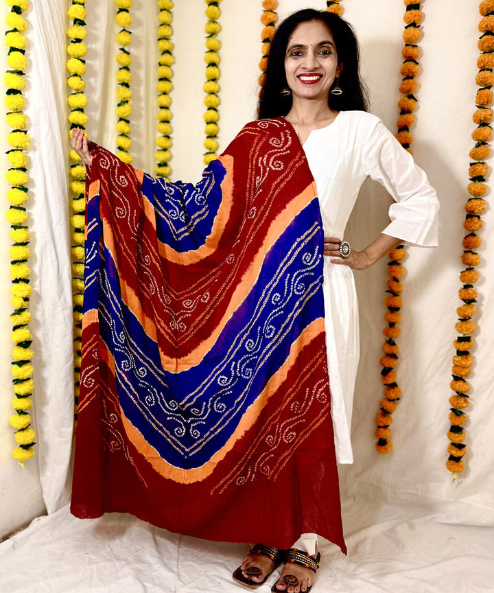 Red blue hand block printed bandhni cotton dupatta