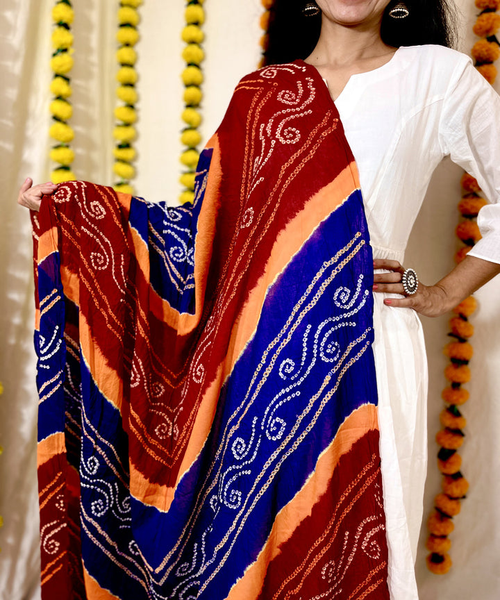 Red blue hand block printed bandhni cotton dupatta