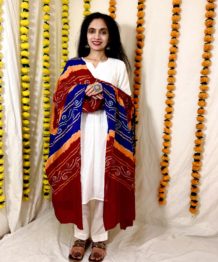 Red blue hand block printed bandhni cotton dupatta