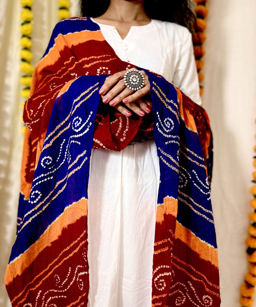 Red blue hand block printed bandhni cotton dupatta