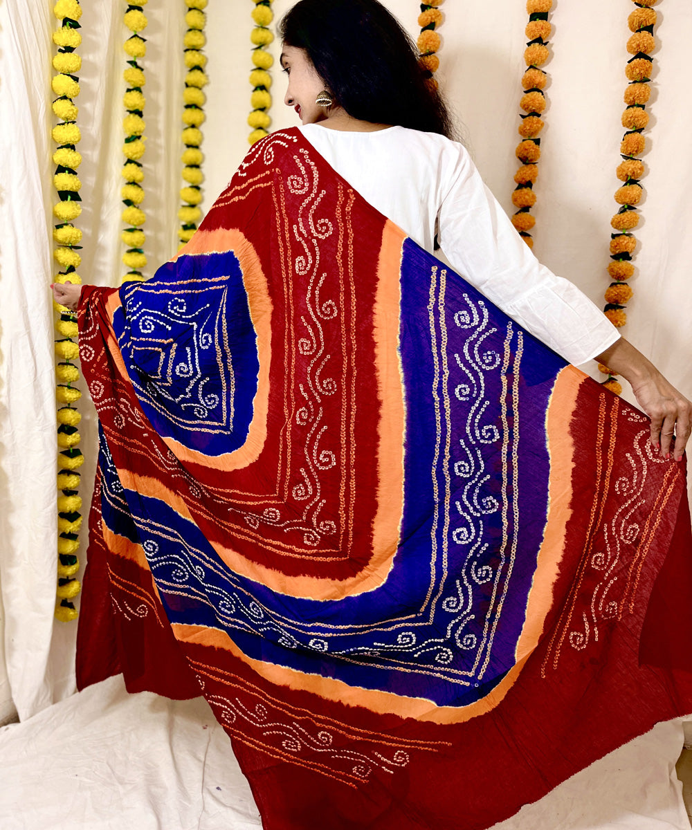 Red blue hand block printed bandhni cotton dupatta