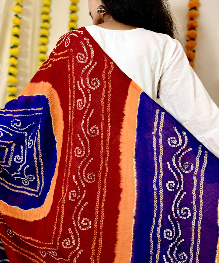 Red blue hand block printed bandhni cotton dupatta