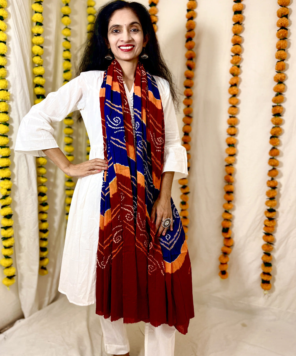 Red blue hand block printed bandhni cotton dupatta