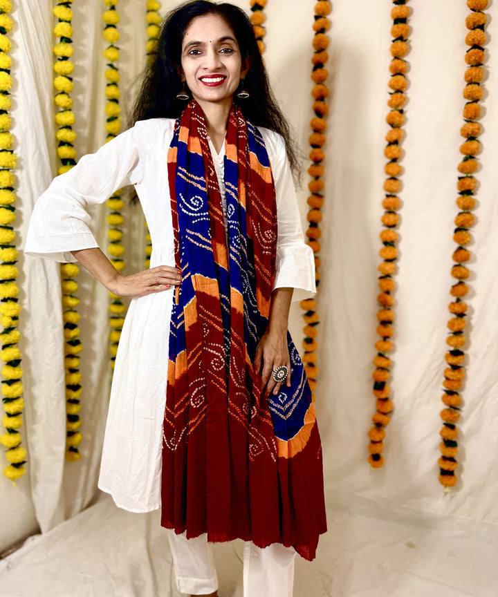 Red blue hand block printed bandhni cotton dupatta