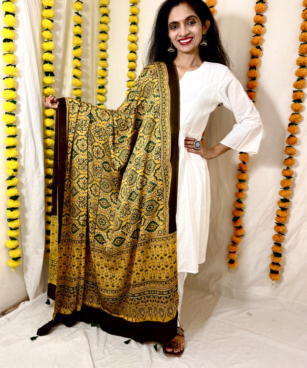 Mustard ajrakh hand block printed modal silk dupatta