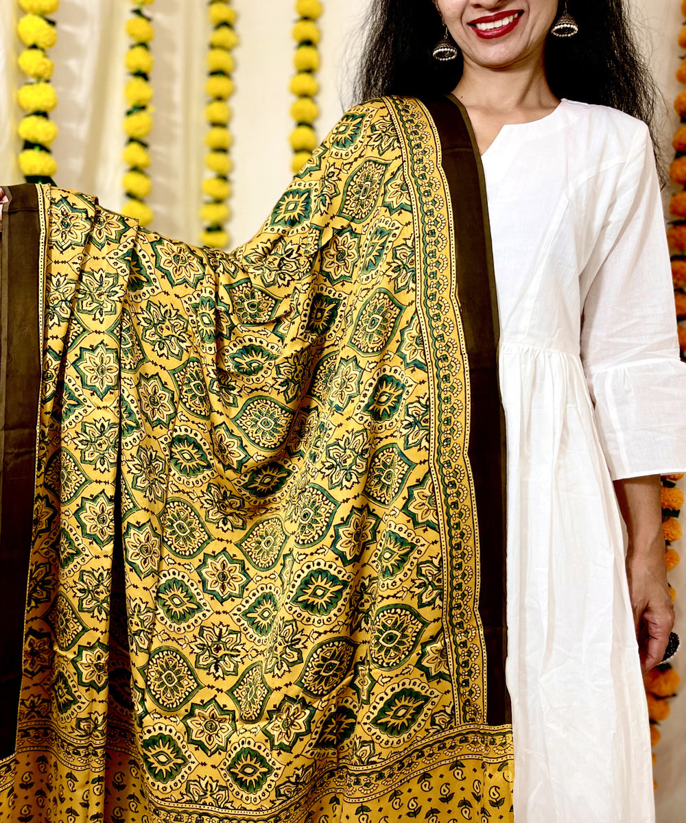 Mustard ajrakh hand block printed modal silk dupatta