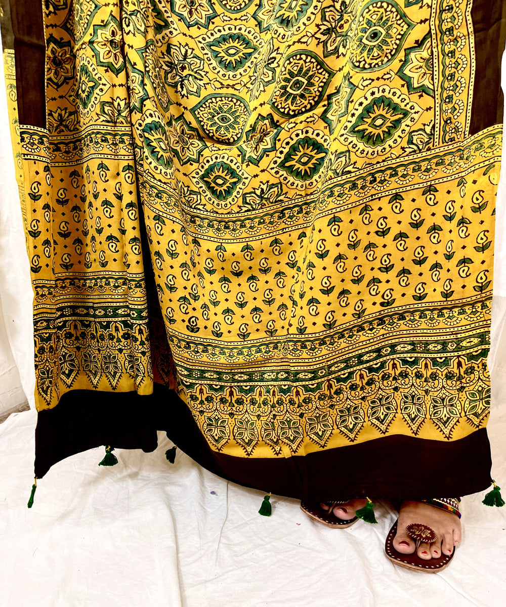 Mustard ajrakh hand block printed modal silk dupatta