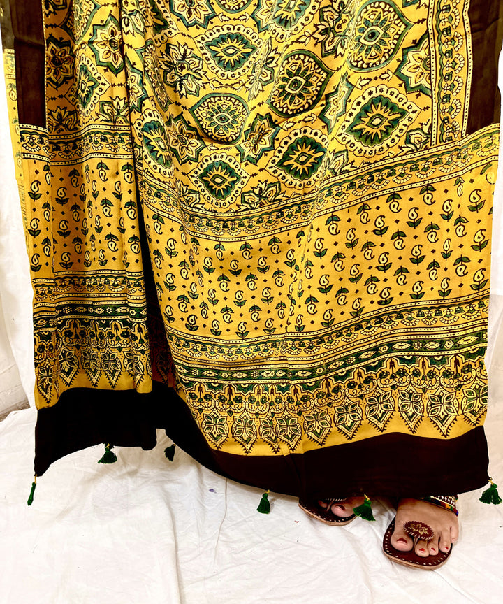 Mustard ajrakh hand block printed modal silk dupatta