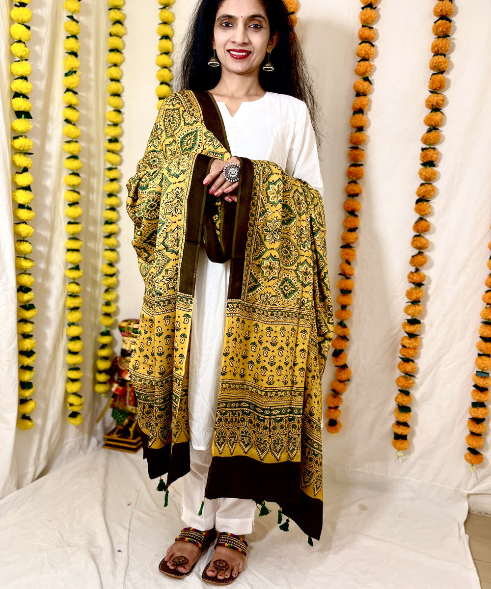 Mustard ajrakh hand block printed modal silk dupatta
