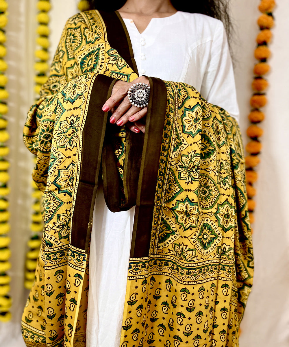 Mustard ajrakh hand block printed modal silk dupatta