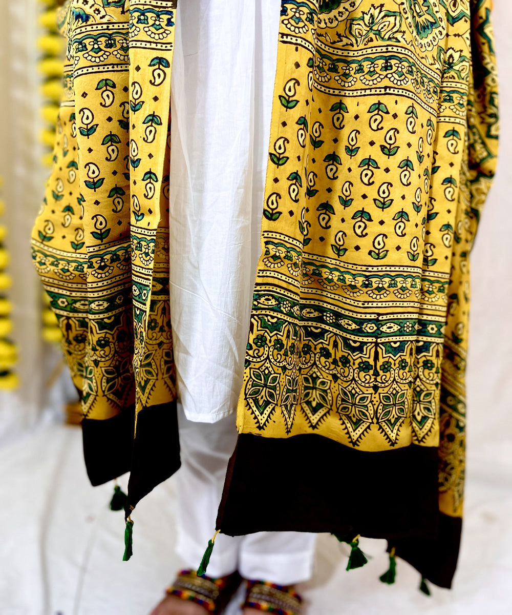 Mustard ajrakh hand block printed modal silk dupatta