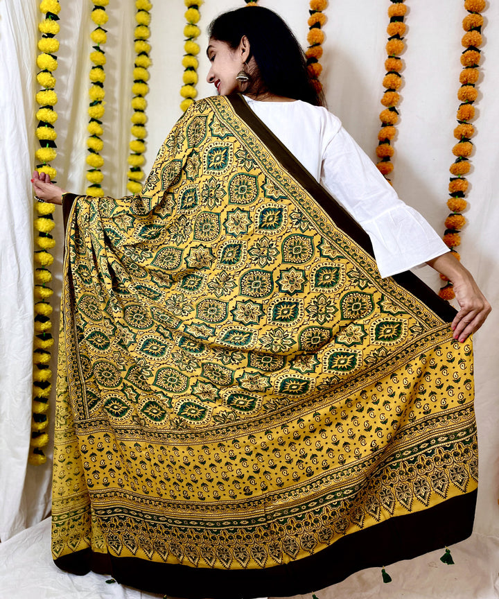 Mustard ajrakh hand block printed modal silk dupatta