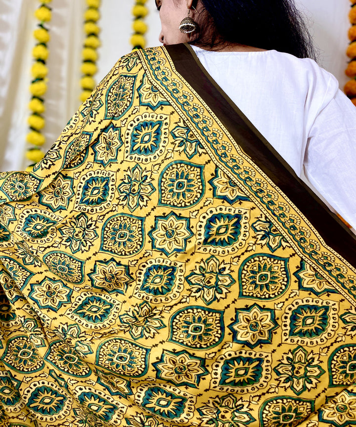 Mustard ajrakh hand block printed modal silk dupatta