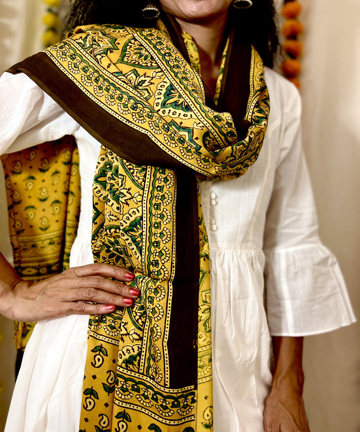 Mustard ajrakh hand block printed modal silk dupatta