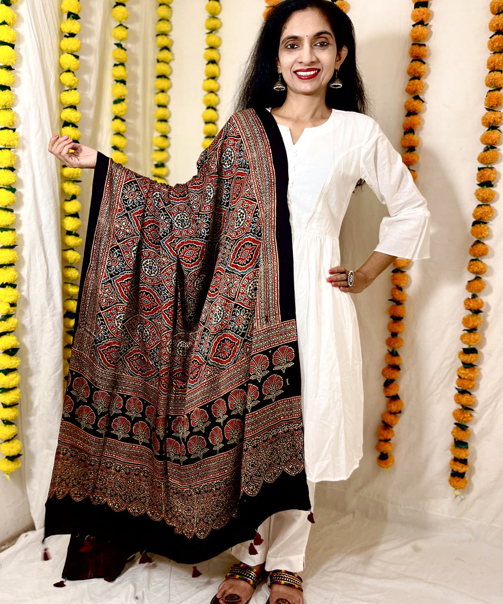 Black red ajrakh hand block printed modal silk dupatta