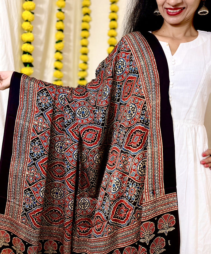 Black red ajrakh hand block printed modal silk dupatta